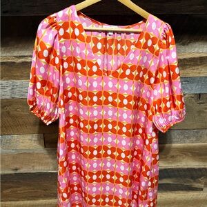 Karlie Pink & Orange Geo Print Puff Sleeve Women’s Top